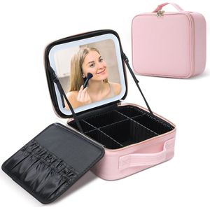 LED Spiegel Make Up Organizer - Make Up Koffer - Beautycase Verstelbare Vakken Tas - Makeup Reistas - Roze