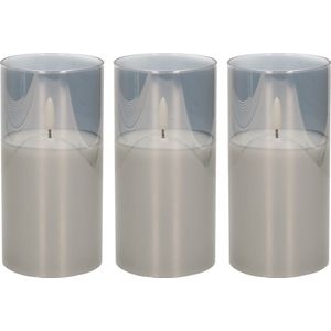 3x stuks luxe led kaarsen in grijs glas D7,5 x H15 cm - met timer - Woondecoratie - Elektrische kaarsen