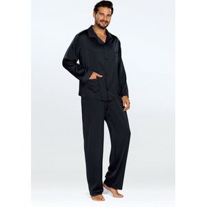 Elegante satijnen herenpyjama -Satijn pyjama heren met knoopsluiting - Lange Mouw Lange Broek pyjama - DKaren Noah - zwart 2XL/3XL