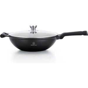 Luxe Swiss BW-32ML - Wokpan - Ø 32 cm - Marmeren Coating - Inductie - Met glazen deksels - Zwart