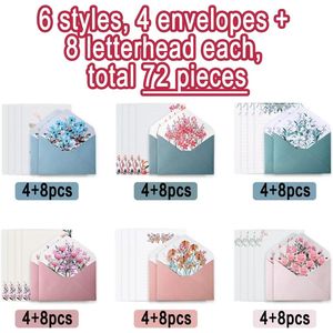 Mooie envelop, 72 stuks briefpapier met envelop, briefpapier met envelop, enveloppen, bloemen, envelop voor uitnodigingskaarten, wenskaart (24 enveloppen + 48 briefpapier)