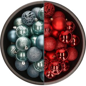 74x stuks kunststof kerstballen mix van rood en ijsblauw 6 cm - Kerstversiering