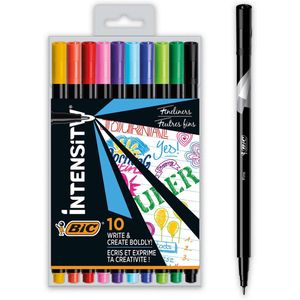 BIC Intensity Fine Viltstiften met metalen bescherming - Diverse kleuren - Plastic Etui van 10 stuks - met Dunne Punt 0,8 mm