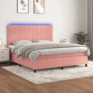 vidaXL Boxspring met LED en Matras - Roze 160x200 cm Boxspring - Bed - Rooskleurig - Velvet - Led Lamp - Slaapcomfort - Tweepersoonsbed - Groot Formaat