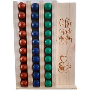 Koffiecups houder|Luxe uitvoering|Vurenhout met (gebrande) decoraties|Geschikt voor alle kofficups waaronder Nepresso| Inhoud 30 cups|