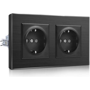 Dubbel stopcontact met klemklemmen - Schuko-stopcontact inbouw - geaard contact - wandcontactdoos - aluminium frame - zwart - 2-voudig