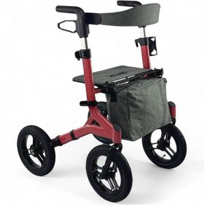Rollator Plaza Outdoor - Rood - Opvouwbaar - Grote Luchtbanden - Inclusief Tas en Stokhouder