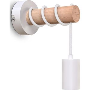 B.K.Licht - Landelijke Wandlamp - voor binnen - industriele - witte - houten wandlamp - netstroom - met 1 lichtpunt - slaapkamer - bedlamp - E27 fitting - excl. lichtbron