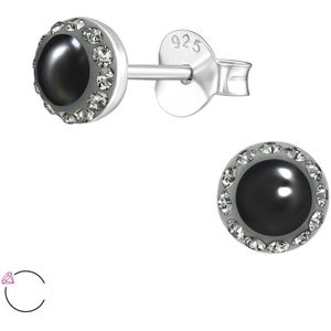 Joy|S - Zilveren oorbellen 6 mm - antraciet/ zwart parel oorknoppen - classic La Crystale kristal