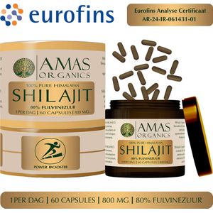 AMAS ORGANICS | 100% PURE HIMALAYAN SHILAJIT CAPSULES | ORGANIC & VEGAN | 60 CAPSULES | 800 MG | 80% FULVINEZUUR | RECYCELBARE GLAZEN POT | EUROFINS ANALYSE CERTIFICAAT AR-24-IR-061431-01 MEEGESTUURD BIJ ELKE BESTELLING