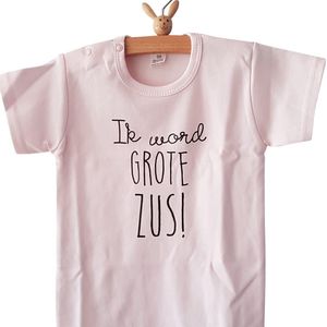 Shirt Ik word grote zus | korte mouw | roze | maat 74 zwangerschap aankondiging bekendmaking Baby big sis sister