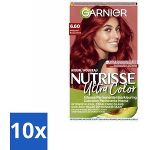 10 x Garnier - Nutrisse Ultra Color 6.60 - Haarkleuring - Vurig Rood - Voedend - Permanente Kleur - Haarverf - Permanent - Rood - Grijsdekking - Voedend