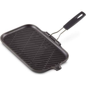 Geëmailleerde gietijzeren grote rechthoekige grillpan met inklapbare handgreep - vetarm koken op inductie en andere kookplaten