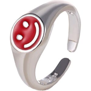 Smiley ring Zilver - Rood - ring maat 17 - Ring Smile - Ring Emoji - Smileyring