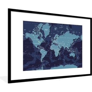 Fotolijst incl. Poster - Wereldkaart - Abstract - Blauw - 120x80 cm - Posterlijst