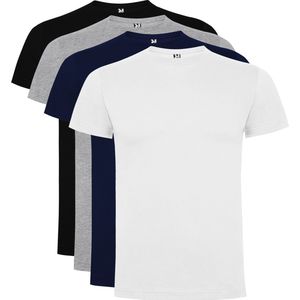 4 Pack Dogo Premium Unisex T-Shirt merk Roly 100% katoen Ronde hals Zwart, Wit, Lichtgrijs gemeleerd, Donker Blauw Maat S