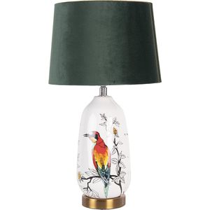 HAES DECO - Tafellamp - Modern Chic - Met Vogel bedrukte Lamp, formaat Ø 28*50 cm - Goudkleurig / Wit met Zwarte Lampenkap - Bureaulamp, Sfeerlamp, Nachtlampje