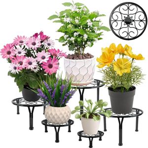 Metalen plantenstandaards - set van 5, voor binnen en buiten, zwaar belastbaar - bloemplantenpotstandaards met ronde plantenplank van roestvrij ijzer