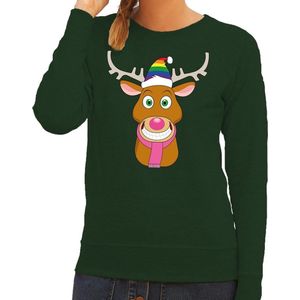 Foute kersttrui / sweater Gay Ruldolf met regenboog muts en roze sjaal groen voor dames - Kersttruien L