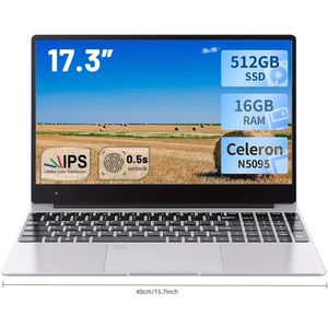 Acmine Laptop - 17.3 inch Full HD - 16 GB RAM - 512 GB SSD - Intel Celeron N5095 - Windows 11 - Vingerafdrukontgrendeling - Met AZERTY-Toetsenbordsticker - Grijs