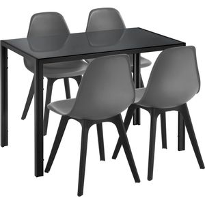 In And OutdoorMatch Eethoek Rosemary - Glazen eettafel - Met 4 zwarte en grijze stoelen - Hoogwaardig design - Stijlvolle uitstraling