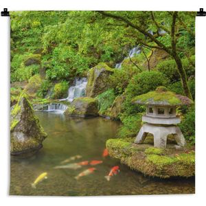 Wandkleed - Wanddoek - Waterval - Koi - Japanse lantaarn - Mos - Water - 180x180 cm - Wandtapijt