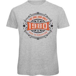 1980 The One And Only | Feest Kado T-Shirt Heren - Dames | Antraciet - Oranje | Perfect Verjaardag Cadeau Shirt | Grappige Spreuken - Zinnen - Teksten | Maat L