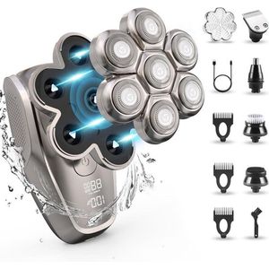 7D afneembaar kaal scheerapparaat - Verstelbare snelheid - Heren Elektrisch Hoofd Scheermes Grooming Kit - IPX7 Waterdicht - Nat Droog Scheren - USB Type-C - Zilvergrijs.