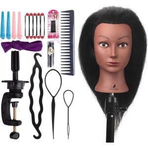 Afro oefenhoofd kappershoofd met 100% echt haar - Donkerbruin - Ideaal voor haarstyling en vlechten