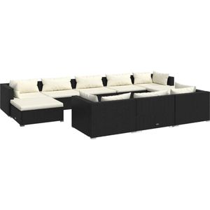 VidaXL 10-delige Loungeset met Kussens - Poly Rattan Zwart