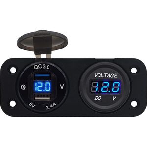 ProRide 12V USB Autolader 2 Poorten Inbouw met Voltmeter - 5V/2.4A - DS2114B - Tweevoudig inbouw paneel - Blauw