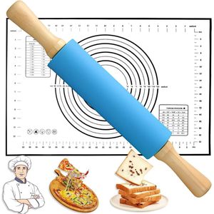 Grote siliconen deegroller met bakmat - Bakaccessoires met houten handvat voor ouder-kind-huisbakken - Voor pizza deeg en koekjes