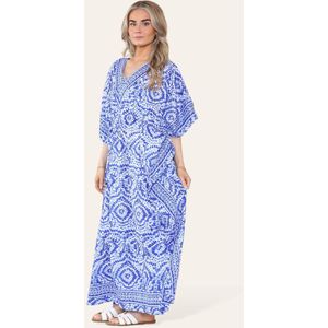 Lange bohemian kaftan jurk Suzette konings blauw royal blue wit lichtblauw V-hals one size M-XXL