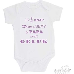 100% katoenen Romper ""Ik ben knap Mama is SEXY & Papa heeft GELUK"" Meisjes Katoen Wit/lila Maat 56/62