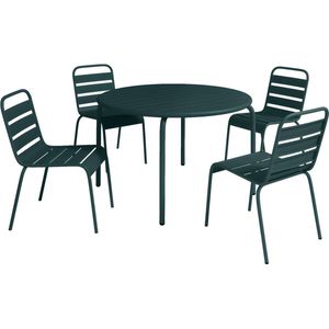 MYLIA Metalen tuinset met een tafel van Ø110 cm en 4 stapelbare stoelen - Dennengroen - MIRMANDE van MYLIA L 110 cm x H 79 cm x D 110 cm