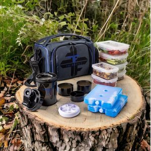 Lunchbox met 6 Meal Prep Boxes - BPA-vrij, herbruikbaar, magnetron- en vriezerbestendig - Lunchtas met Shaker Cup Pill Organizer Schouderriem en Ice Packs - Blauwe koeltas