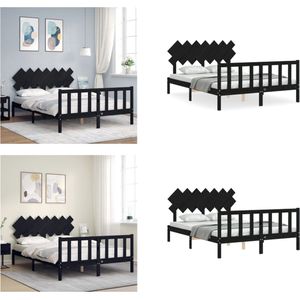 vidaXL Bedframe met hoofdbord massief hout zwart 140x200 cm - Bedframe - Bedframes - Bed - Tweepersoonsbed