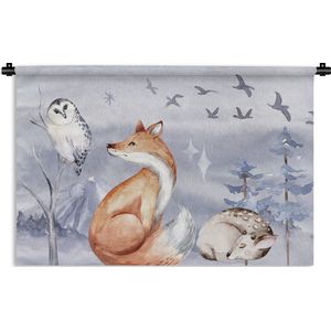 Wandkleed - Wanddoek - Winter - Uil - Hert - Vos - 60x40 cm - Wandtapijt