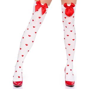 CSGoods - Witte sokken boven de knie met strikken voor dames, geschikt voor Valentijnsdag en carnaval