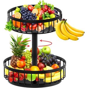 Fruitmand zwart, 2 etages, fruitetagère, fruitschaal, etagère groot voor meer ruimte op het werkblad, fruitschaal, opbergrek houdt groenten en fruit vers