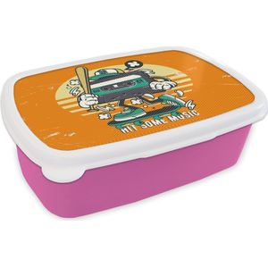 Broodtrommel Roze - Lunchbox - Brooddoos - Cassettebandjes - Honkbalknuppel - Vintage - 18x12x6 cm - Kinderen - Meisje