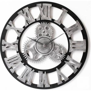 LW Collection Wandklok grijs zwart 40cm - Kleine houten klok met tandwielen romeinse cijfers - Industriële wandklok stil uurwerk