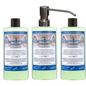 Handzeep Hamam 500 ml - set van 3 stuks - met gratis RVS zilverkleurige pomp - Voordeelverpakking