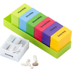 Ruim pillendoosje / Medicijnendoosje Nederlands | 7 dagen in verschillende kleuren vakjes, 4 vakken per dag | Pillendoos | Pillen box | Medicijndoos | Medicijn box