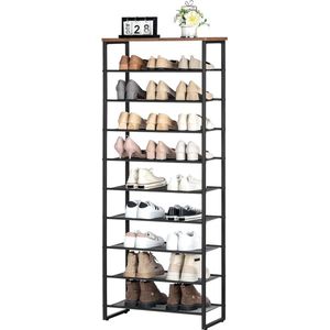 Schoenenrek met 10 niveaus, smal schoenenkast, schoen organisator voor 22-30 paar schoenen, metaal, voor hal, woonkamer, vintage bruin-zwart EBF601XJ01