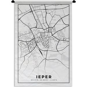 Wandkleed - Wanddoek - Stadskaart – Plattegrond – België – Zwart Wit – Ieper – Kaart - 90x135 cm - Wandtapijt