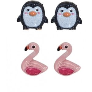 2 paar -Allergievrije -oorbellen -pinguïn en flamingo- kunststof- Charme Bijoux