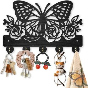 Houten Butterfly Flower Key Hook - 30×20cm - Rozen - Wandgemonteerde Sleutelhanger - Insecten - Planten - Sleutelhanger met 5 Legeringen Haken voor Entree - Slaapkamer - Huisdecoratie