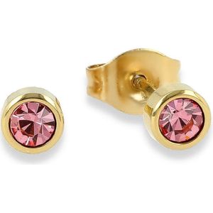 My Bendel gouden oorbel met roze zirkonia - Gouden oorbellen met ronde steen van roze zirkonia - Met luxe cadeauverpakking