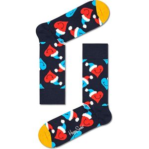 Happy Socks Santa Love Smiley Sock - blauw met harten - Unisex - Maat: 36-40